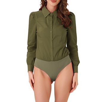 Leotard Shirt For Women Collared Business Casual Button Down Long Sleeves Bodysuit Top
