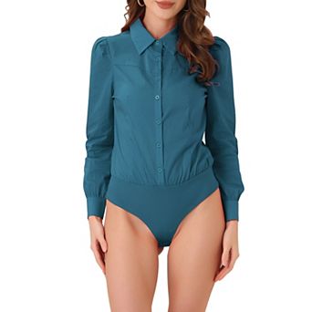Leotard Shirt For Women Collared Business Casual Button Down Long Sleeves Bodysuit Top