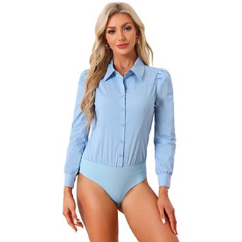 Leotard Shirt For Women Collared Business Casual Button Down Long Sleeves Bodysuit Top