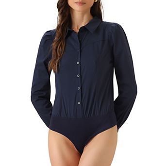 Leotard Shirt for Women Collared Business Casual Button Down Long Sleeves Bodysuit Top
