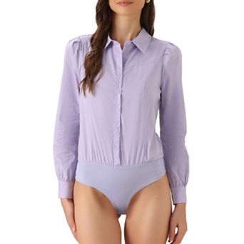 Leotard Shirt For Women Collared Business Casual Button Down Long Sleeves Bodysuit Top