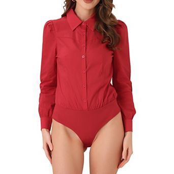 Leotard Shirt For Women Collared Business Casual Button Down Long Sleeves Bodysuit Top