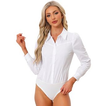 Leotard Shirt For Women Collared Business Casual Button Down Long Sleeves Bodysuit Top