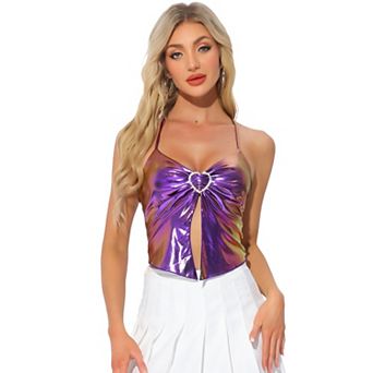 Metallic Sleeveless Top for Women Spaghetti Straps Halter Neck Clubwear Cami Top