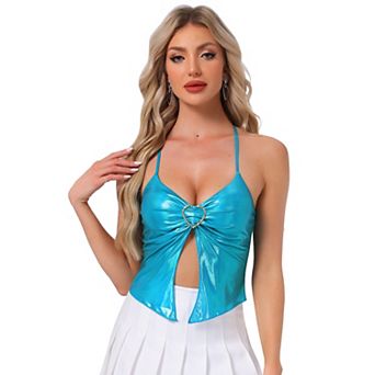 Metallic Sleeveless Top for Women Spaghetti Straps Halter Neck Clubwear Cami Top