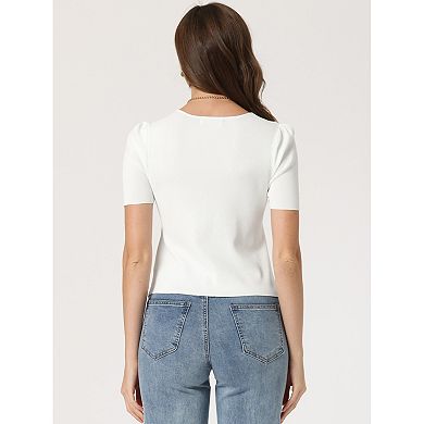 K & C Womens White Stretch Ribbed Twist Knot Puff Sleeve Jewel Neck Top main image 1