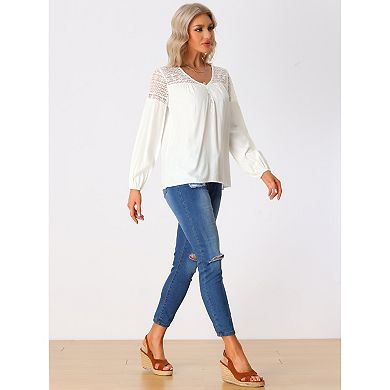 Lace Panel Blouse For Women V-neck Long Sleeve Blouse