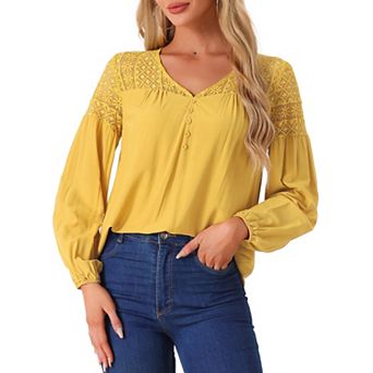 Lace Panel Blouse For Women V-neck Long Sleeve Blouse