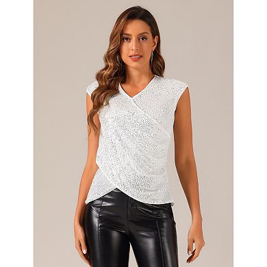 Sequin Tops For Women Sparkle Glitter V-neck Cap Sleeve Party Club Blouse