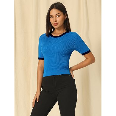 Women's Fitted Knit Top Crew Neck Contrast Color Short Sleeve Pullover Tops