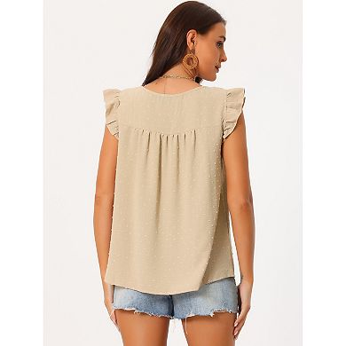 Women's Summer Crewneck Ruffle Sleeveless Blouse Swiss Dots Casual Shirt Tunic Tops