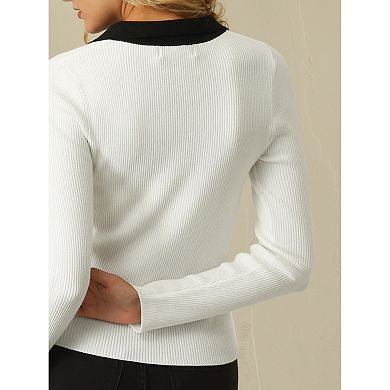 Women's Fitted Knit Top V Neck Contrast Color Long Sleeve Polo Sweater Tops