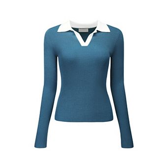 Women's Fitted Knit Top V Neck Contrast Color Long Sleeve Polo Sweater Tops