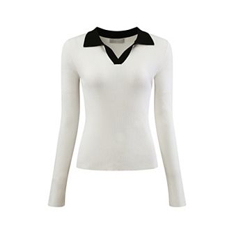 Women's Fitted Knit Top V Neck Contrast Color Long Sleeve Polo Sweater Tops