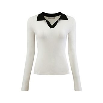 Women's Fitted Knit Top V Neck Contrast Color Long Sleeve Polo Sweater Tops