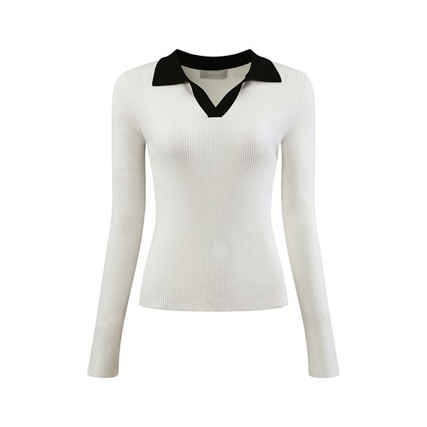 Women's Fitted Knit Top V Neck Contrast Color Long Sleeve Polo