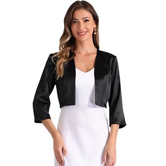 Satin Cardigan for Women Elegant 3/4 Sleeve Open Front Cropped Bolero Shrug Tops