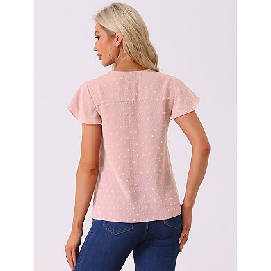 V-neck Blouse For Women Lace Crochet Ruffles Cap Sleeves Swiss Dots Tops