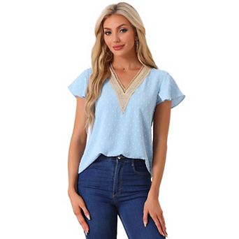 V-neck Blouse For Women Lace Crochet Ruffles Cap Sleeves Swiss Dots Tops