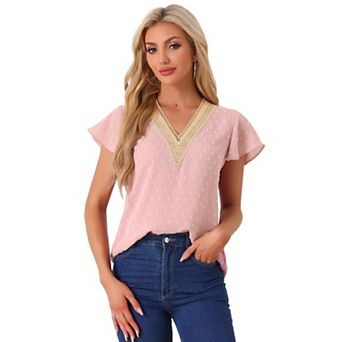 V-neck Blouse For Women Lace Crochet Ruffles Cap Sleeves Swiss Dots Tops