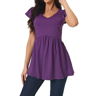 Women s Tunics T Shirt Ruffle Short Sleeve Flowy Hide Belly V Neck Babydoll Top