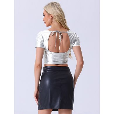 Metallic Crop Top for Women Square Neck Short Sleeve Shiny Top