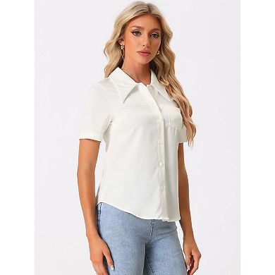 Button Down Shirt For Women Short Sleeve Collared Tops Work Office Satin Blouse