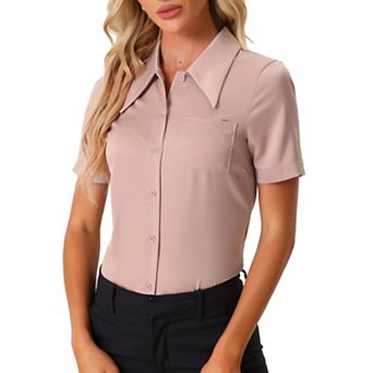 Button Down Shirt For Women Short Sleeve Collared Tops Work Office Satin Blouse
