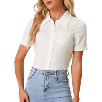 Button Down Shirt For Women Short Sleeve Collared Tops Work Office Satin Blouse