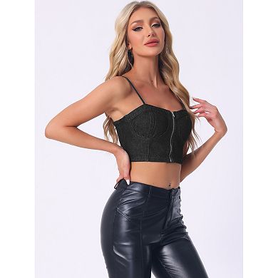 Denim Crop Top For Women Spaghetti Strap Sleeveless Zip Up Bustier