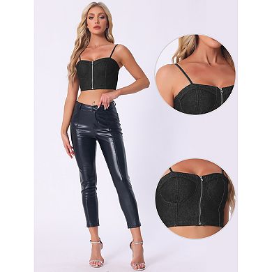 Denim Crop Top For Women Spaghetti Strap Sleeveless Zip Up Bustier