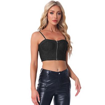 Denim Crop Top For Women Spaghetti Strap Sleeveless Zip Up Bustier