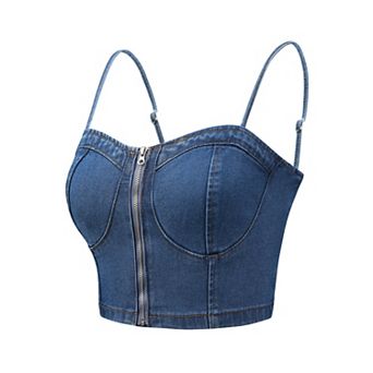 Denim Crop Top for Women Spaghetti Strap Sleeveless Zip Up Bustier