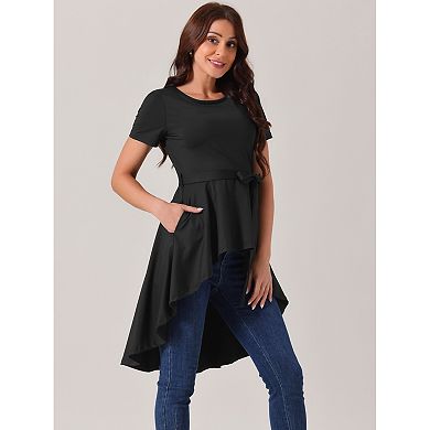 Women's Short Sleeve High Low Hem Tops Round Neck Tie Waist Asymmetrical Irregular Hem Blouse