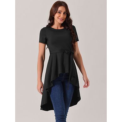 Women's Short Sleeve High Low Hem Tops Round Neck Tie Waist Asymmetrical Irregular Hem Blouse