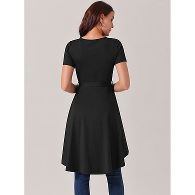 Women's Short Sleeve High Low Hem Tops Round Neck Tie Waist Asymmetrical Irregular Hem Blouse