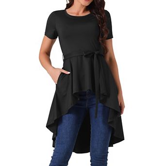 Women's Short Sleeve High Low Hem Tops Round Neck Tie Waist Asymmetrical Irregular Hem Blouse