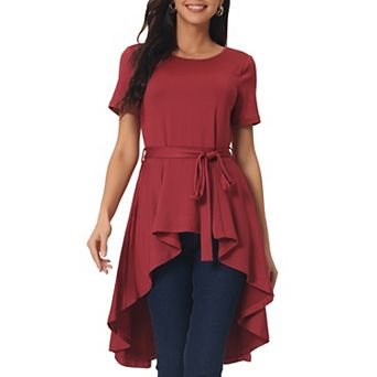 Women's Short Sleeve High Low Hem Tops Round Neck Tie Waist Asymmetrical Irregular Hem Blouse
