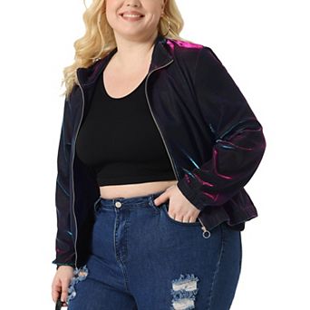 Women's Plus Size Metallic Holographic Reflective Long Sleeve Zip Up Clubwear Party Jacket