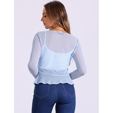 Ruffle Mesh Shrug For Women Long Sleeves Self Tie Casual Bolero Cardigan