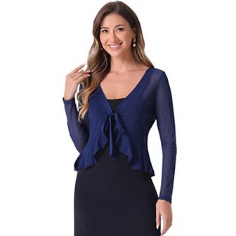 Ruffle Mesh Shrug for Women Long Sleeves Self Tie Casual Bolero Cardigan
