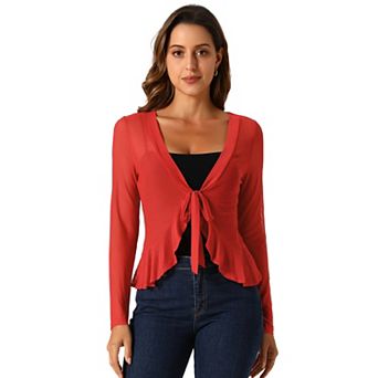 Ruffle Mesh Shrug For Women Long Sleeves Self Tie Casual Bolero Cardigan
