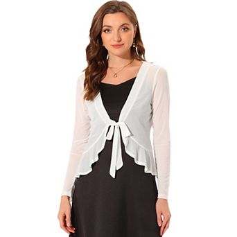 Ruffle Mesh Shrug for Women Long Sleeves Self Tie Casual Bolero Cardigan