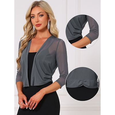 Mesh Shrug For Women Elegant 3/4 Sleeve Open Front Sheer Bolero