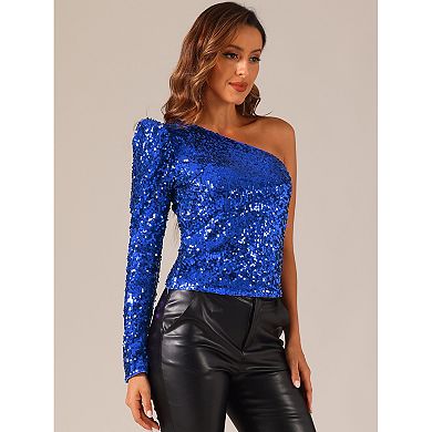 Sparkly Sequin Top For Women One Shoulder Puffy Long Sleeve Shimmer Tops