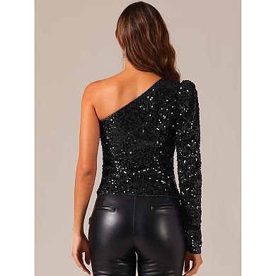 Sparkly Sequin Top For Women One Shoulder Puffy Long Sleeve Shimmer Tops