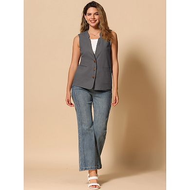 Cotton Linen Vest for Women Casual V Neck Button Down Sleeveless Jacket