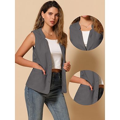 Cotton Linen Vest for Women Casual V Neck Button Down Sleeveless Jacket