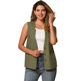 Cotton Linen Vest for Women Casual V Neck Button Down Sleeveless Jacket