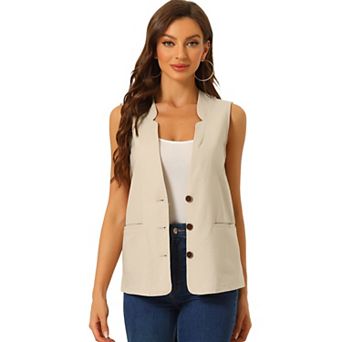 Cotton Linen Vest for Women Casual V Neck Button Down Sleeveless Jacket